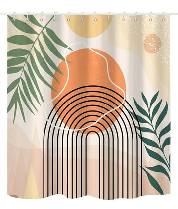 Mid Century Shower Curtain, Stall Abstract Boho Minimalistic Arch Sun Leaf Machine Washable Waterproof Fabric Bathtub