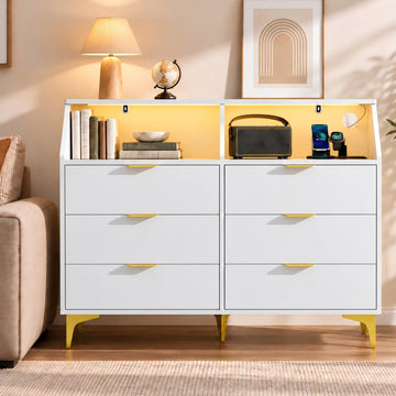 6 Drawer Dresser with LED Light, Chest of Drawers with Charging Station, Large Double Dressers, Wooden Dressers
