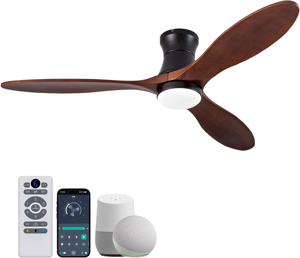 52 Inch Inspired Maverick Style Low Profile Smart Ceiling Hugger Fan with LED Light & Remote - Flush Mount, Solid Wood Blades, 6-Speed - Black