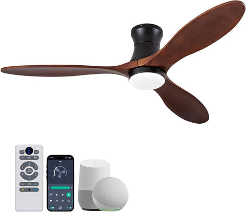 52 Inch Inspired Maverick Style Smart Ceiling Hugger Fan with LED Light & Remote - Flush Mount, Solid Wood Blades, 6-Speed - Black