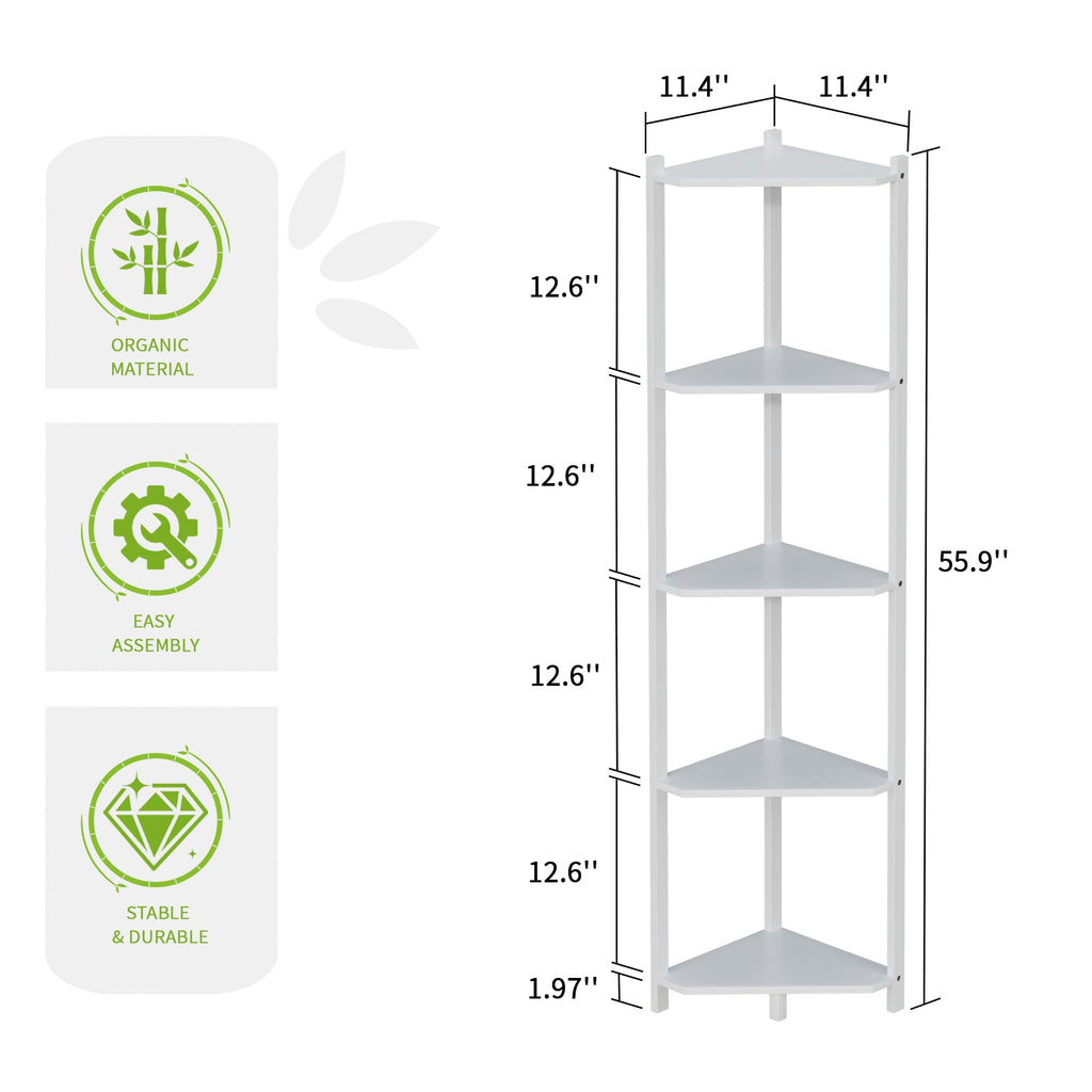 Bamboo Tall Corner Shelf Stand, 5-Tier White Corner Bookshelf