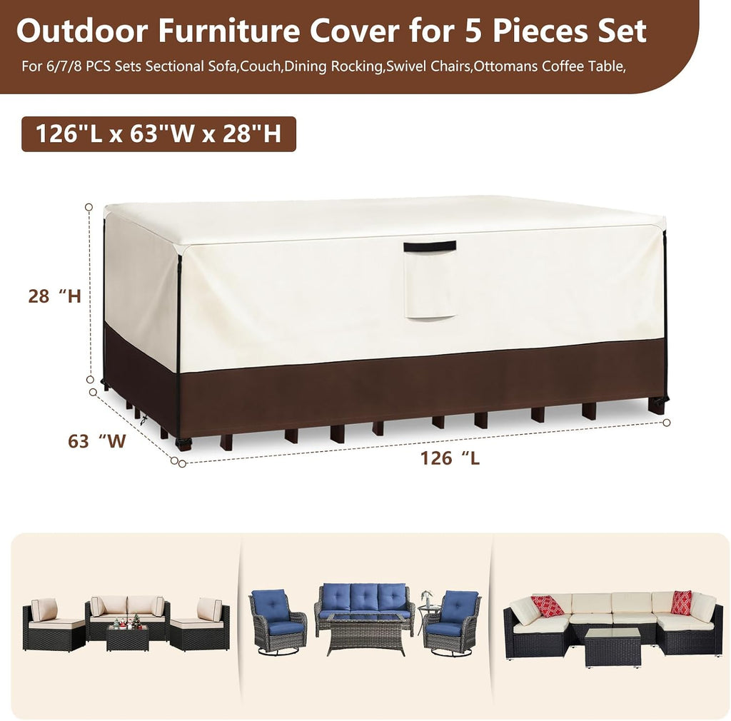 Waterproof Outdoor Patio Furniture Covers,126"L x 63"W x 28"H,Beige | Heavy-Duty Fabric, Fits 5-8 Piece Outdoor