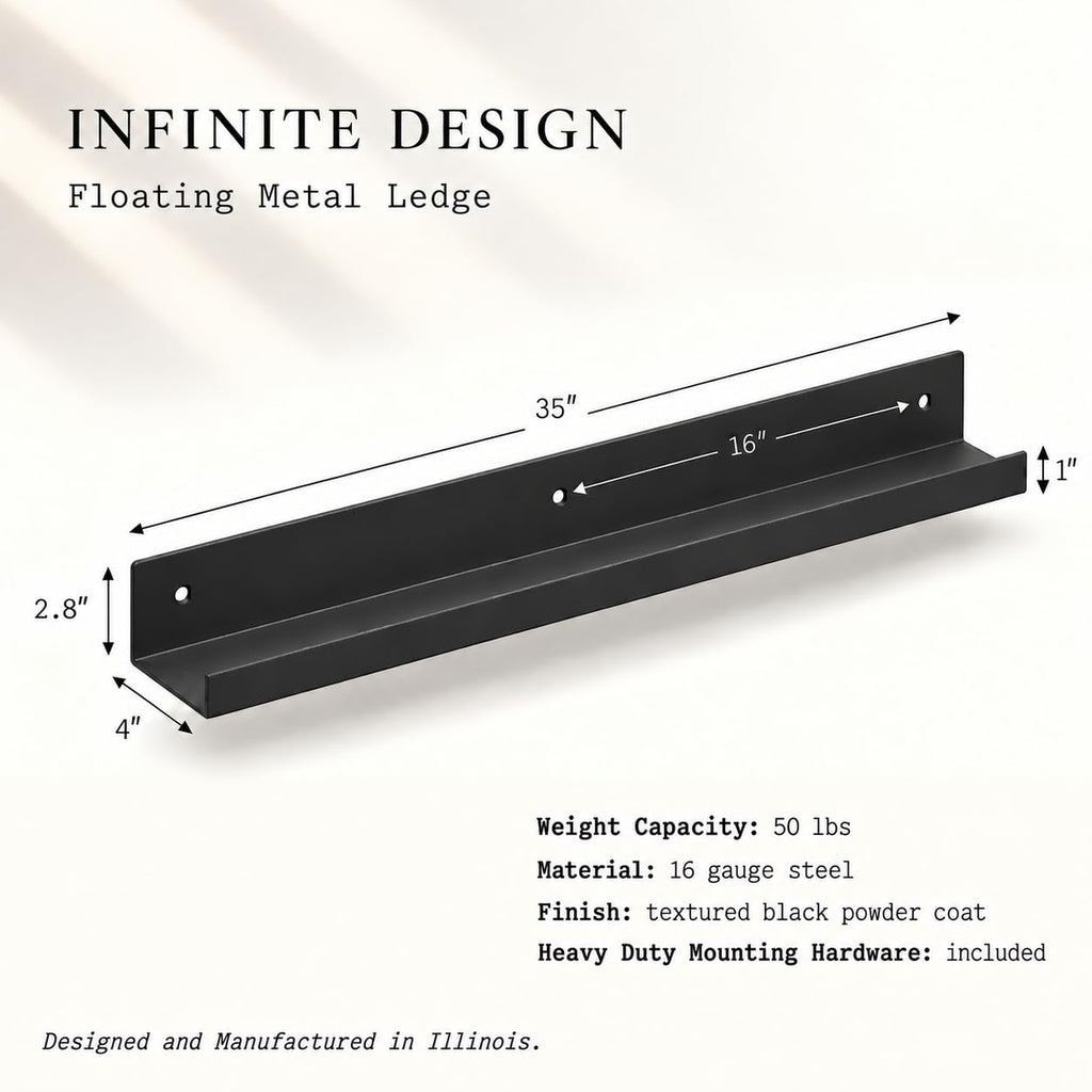 36" Metal Floating Wall Shelf | Modern Black Powder-Coated Steel Ledge, Made in USA | Wall-Mounted Shelf