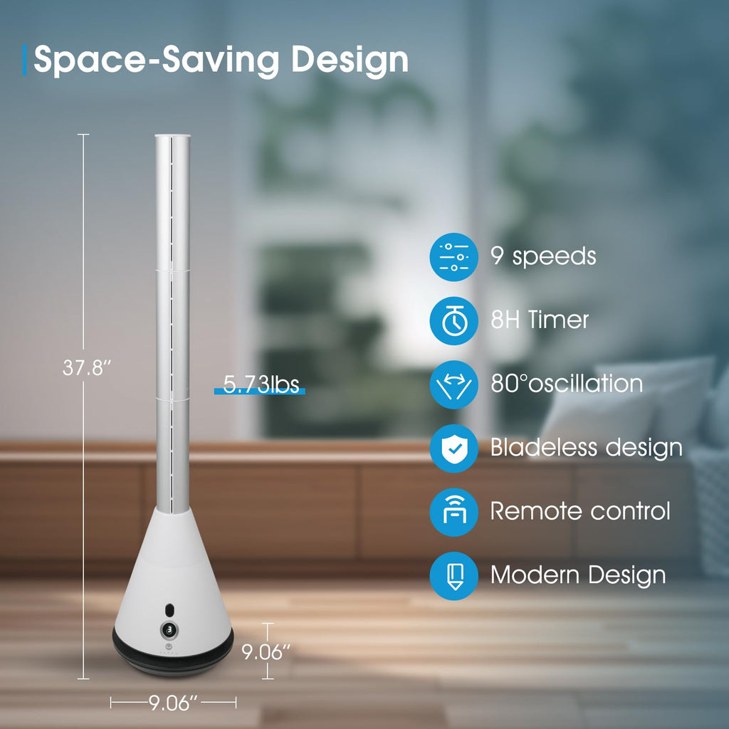 Bladeless Tower Fan 9 Speeds 80° Oscillating Office