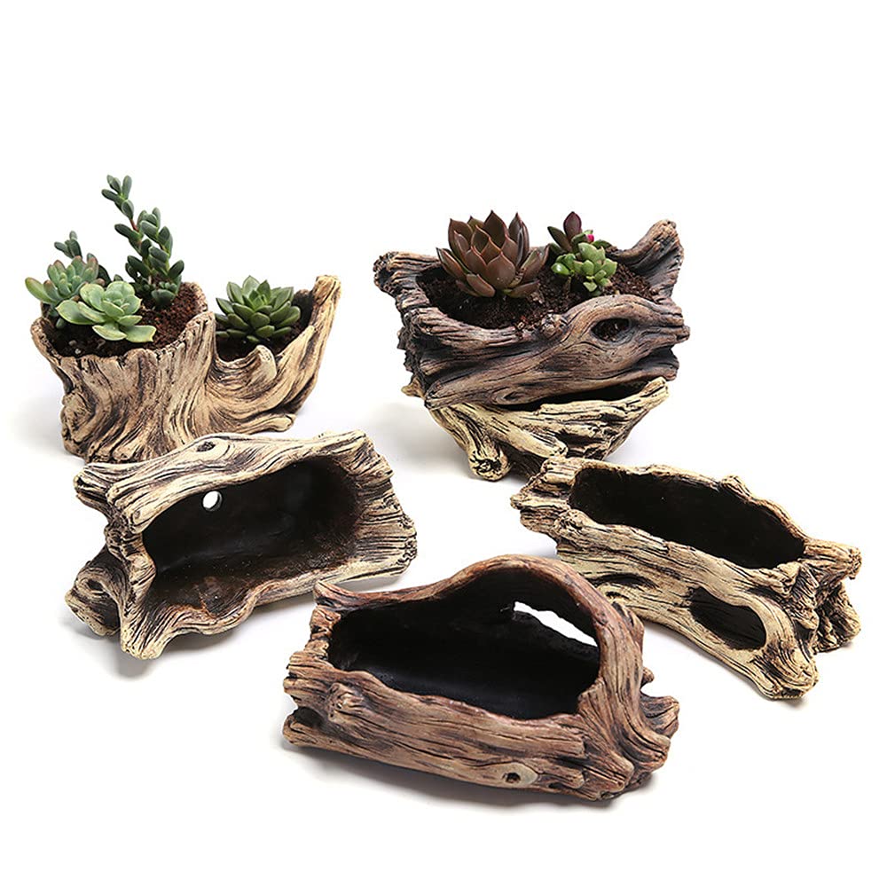 Cement Driftwood Planter Pots Imitation Stump Log Concrete Flower Succulent Pot/Container (8.3" L x 4.7" W x 3.5"