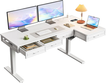 55 Inch L Shaped Standing Desk with 4 Wooden Drawers, White | Reversible Corner Table, Office Table With 4 Wooden