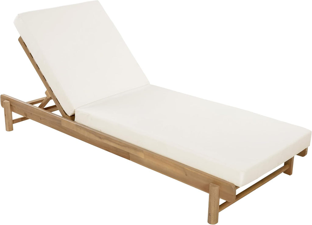 Outdoor Chaise Lounge with 4" Water-Resistant Cushion, Acacia Wood Recliner Chair Frame with Slatted Design