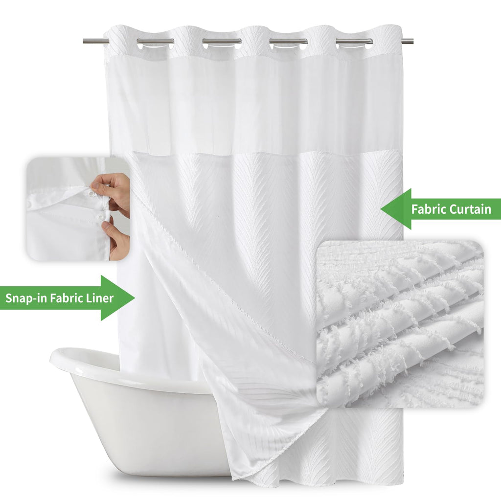 No Hook Shower Curtain and Liner Set, Boho Style with See Through Top Window, White Fabric Tufted Striped Textured