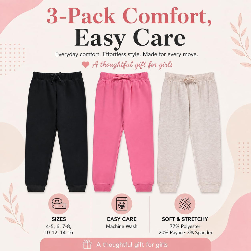 Kids Girls Fashion Stretch Waist Ultra Soft Jogger Pants Set 3 Pack Bundle