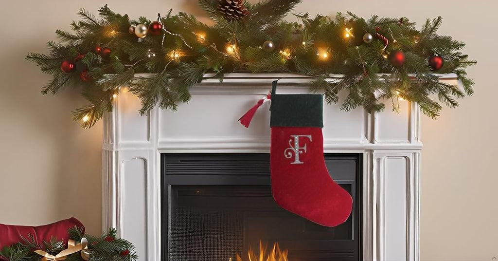 Christmas Stocking Red & Green Velvet with Tassel, Rhinestone Monogram (F)