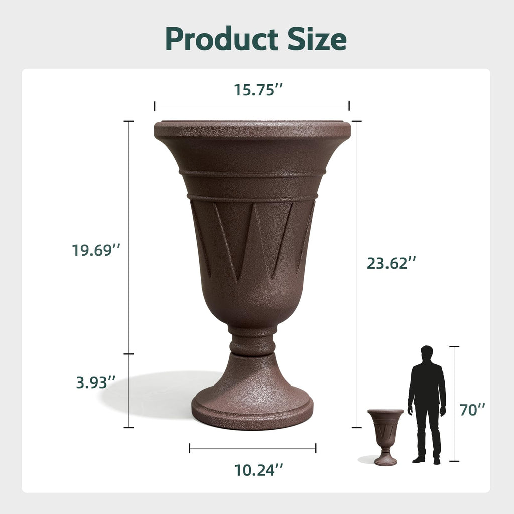 Tall Plastic Urn Planters and Pedestal - 24" Outdoor Planter Brown