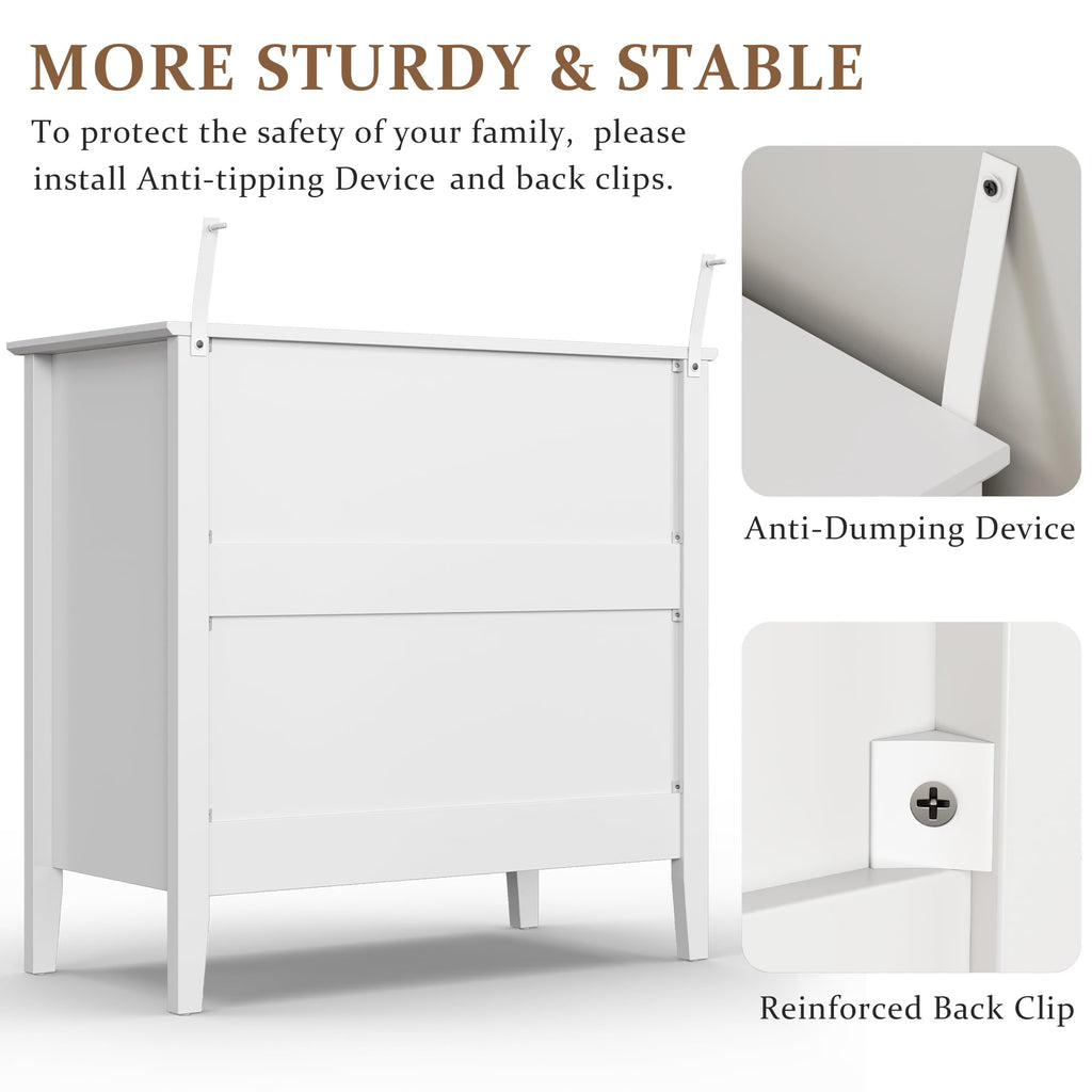 Fluted 3 Drawer Dresser, 32" Wide Nightstand, White
