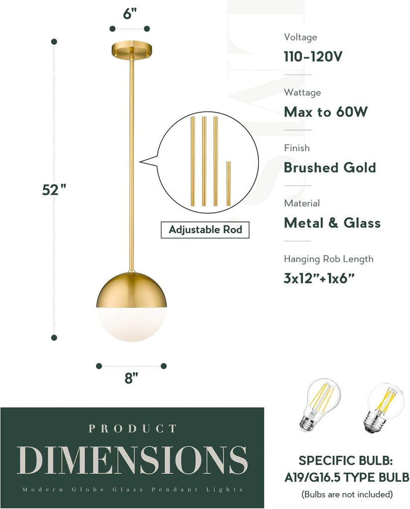 Modern Pendant Lighting Gold Globe Pendant Light Fixture, Mid Century Chandelier One Light Hanging Fixture for