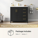 36" Black Single Sink Bathroom Vanity with Integrated Top - Freestanding Vanity Cabinet