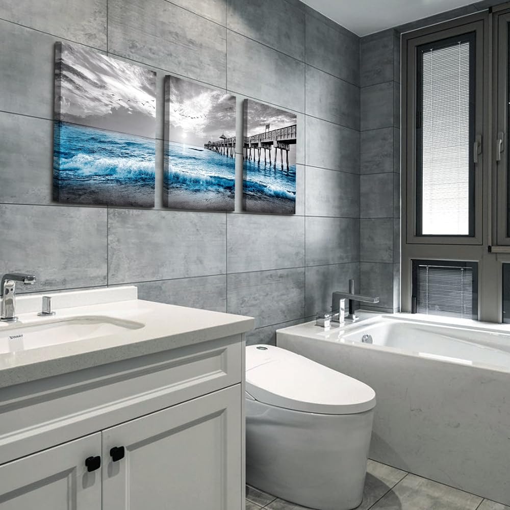 Wall Decorations 3 Piece Framed Canvas Wall Art Black And White Wall Painting Blue Ocean Sea Wave Pictures