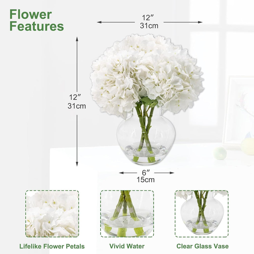 Hydrangea Artificial Flowers with Glass Vase, Real Touch FauxHydrangea Arrangement with Faux Water, Ready-to-Display