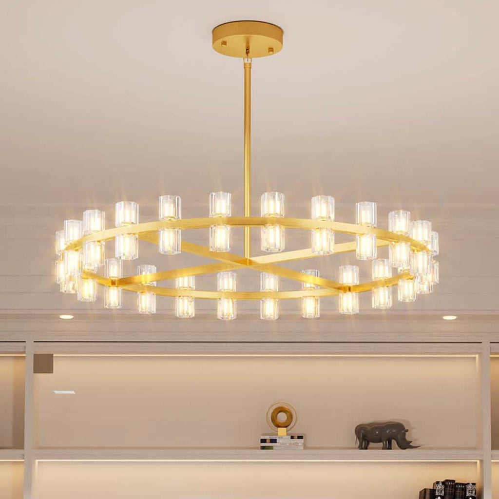 Inspired Arcachon Style Round Wagon Wheel Chandelier, 40" 40-Light Gold — Foyer, Dining & Living Room