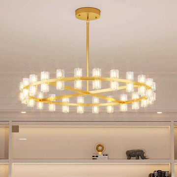 Inspired Arcachon Style Round Wagon Wheel Chandelier, 40" 40-Light Gold — Foyer, Dining & Living Room