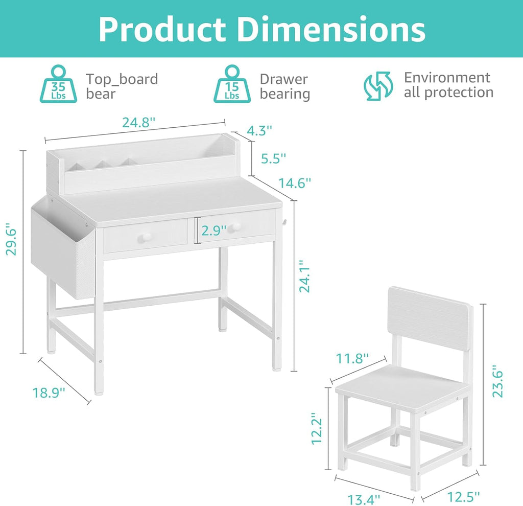 White Kids Desk and Chair Set for 5-8 Year Old, Small Child Desk with Fabric Drawer, Children Study Table
