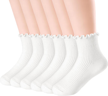 Ruffle Socks for Girls Toddler School Uniform Kids Cotton Cute Frilly Ankle Socks 6 Pairs