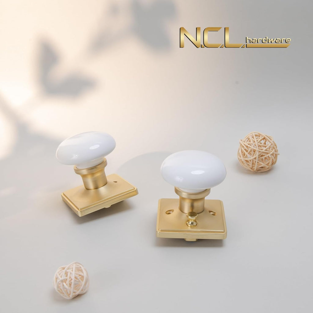 White Door Knobs, Porcelain Square Door Handle with Satin Brass Plate