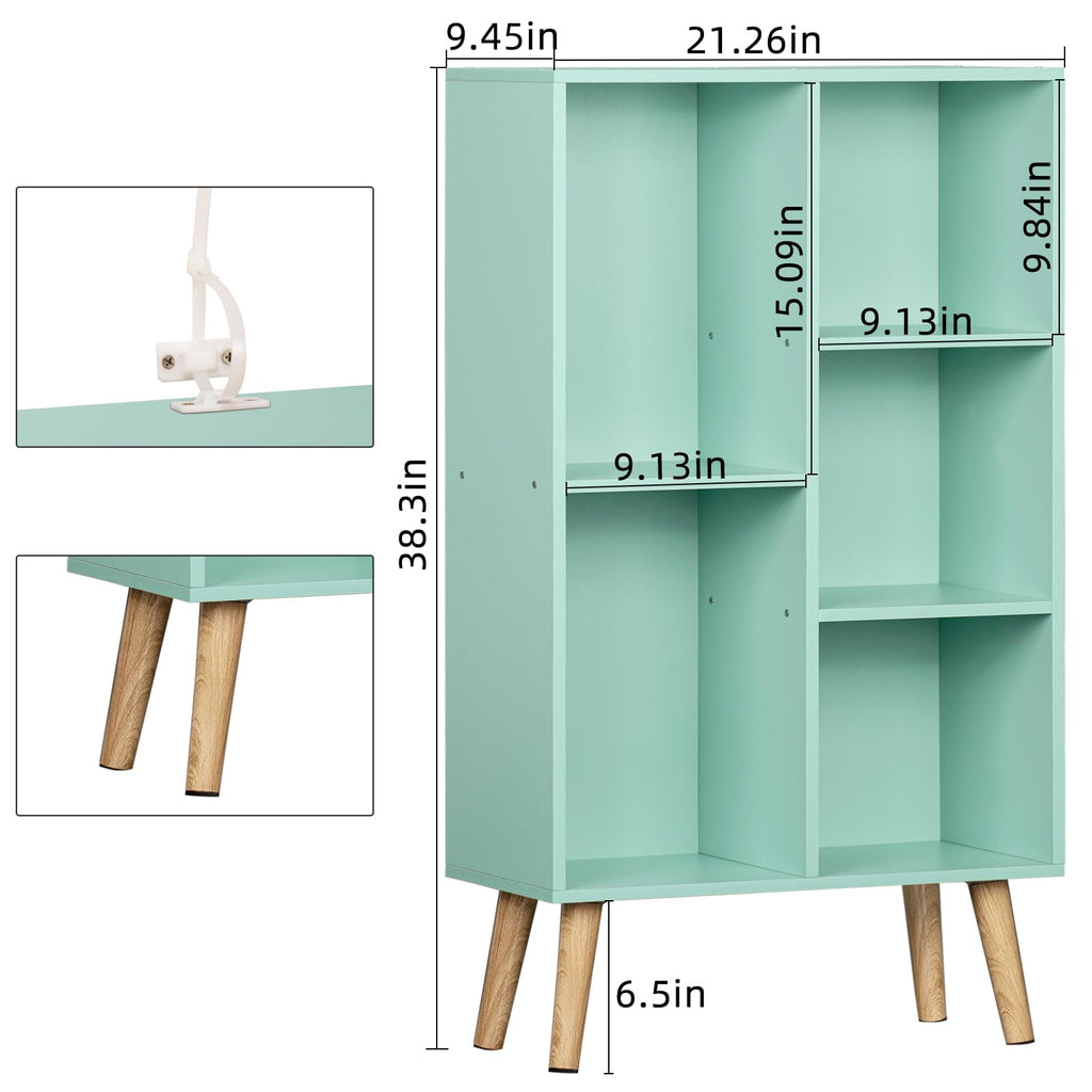 5 Cube Bookshelf, Mid-Century Modern Book Shelf with Legs, Green