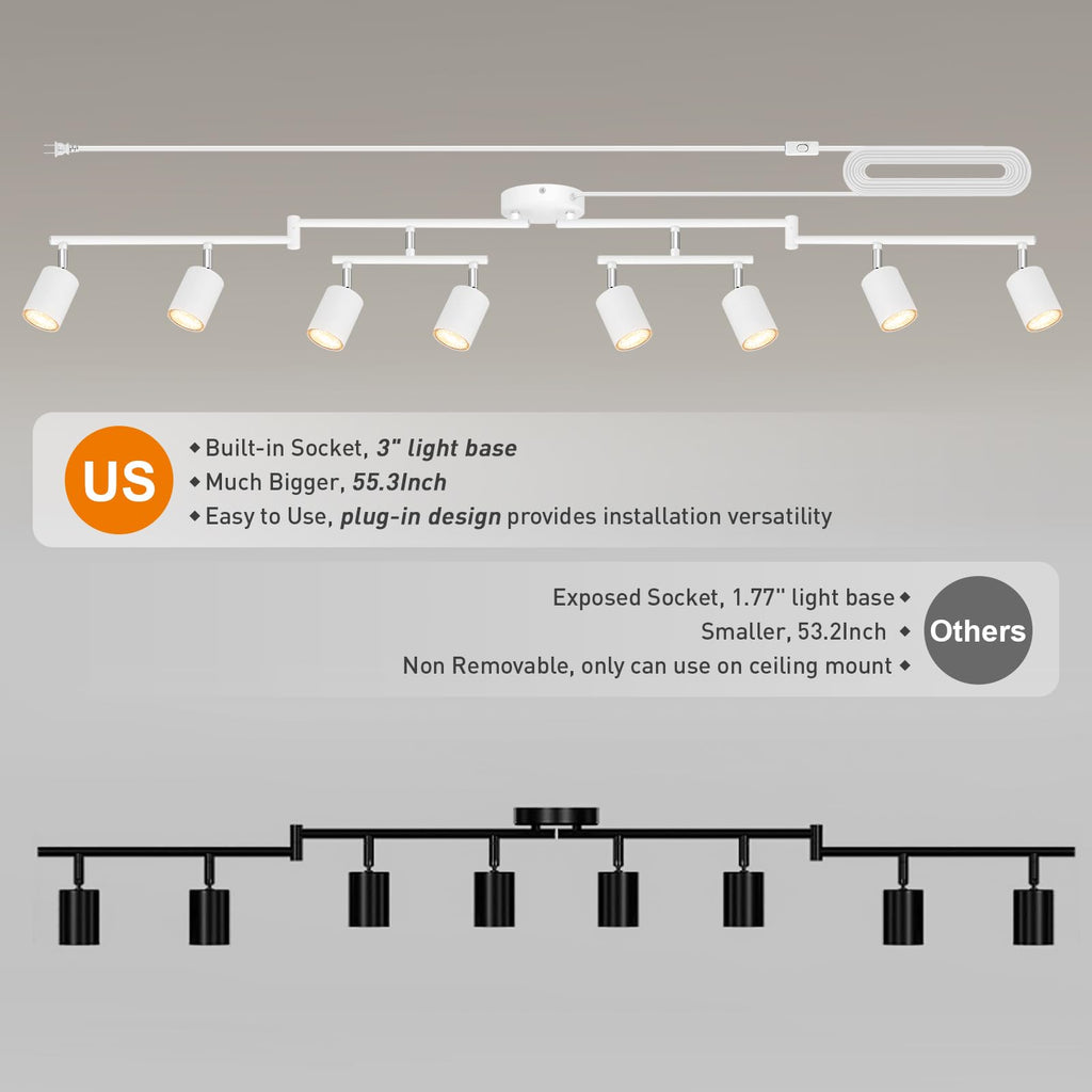 Plug in Track Lighting LED, Track Lighting Fixtures Ceiling, White 8-Light Kitchen Light Kit, Plug in Wall Light