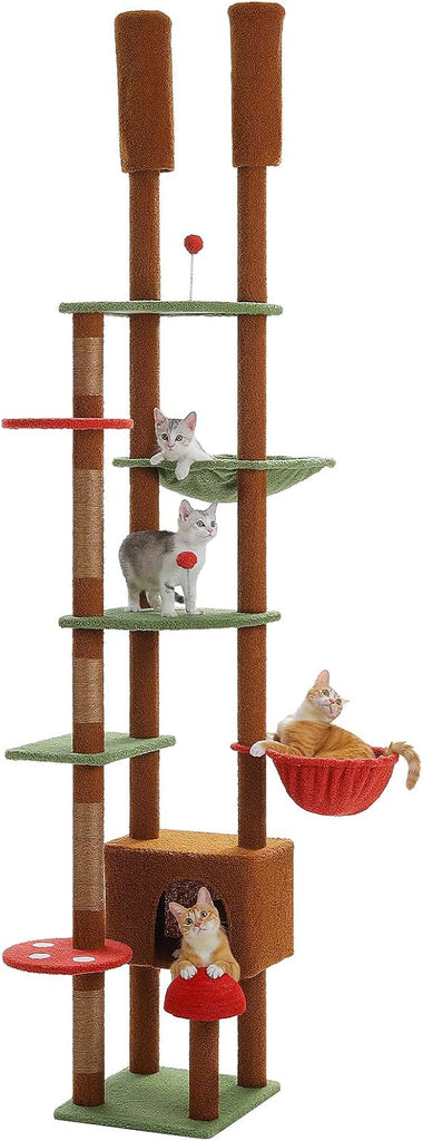 Floor to Ceiling Cat Tree, Height Adjustable 90.5-100.4'', Brown