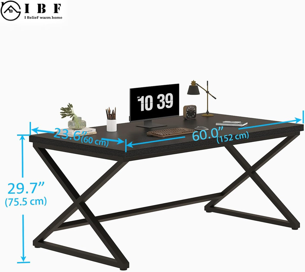 60 in Black Computer Desk Work Writing Study, Black Oak | Modern Simple Home Office Work Desk , Industrial Wood Metal