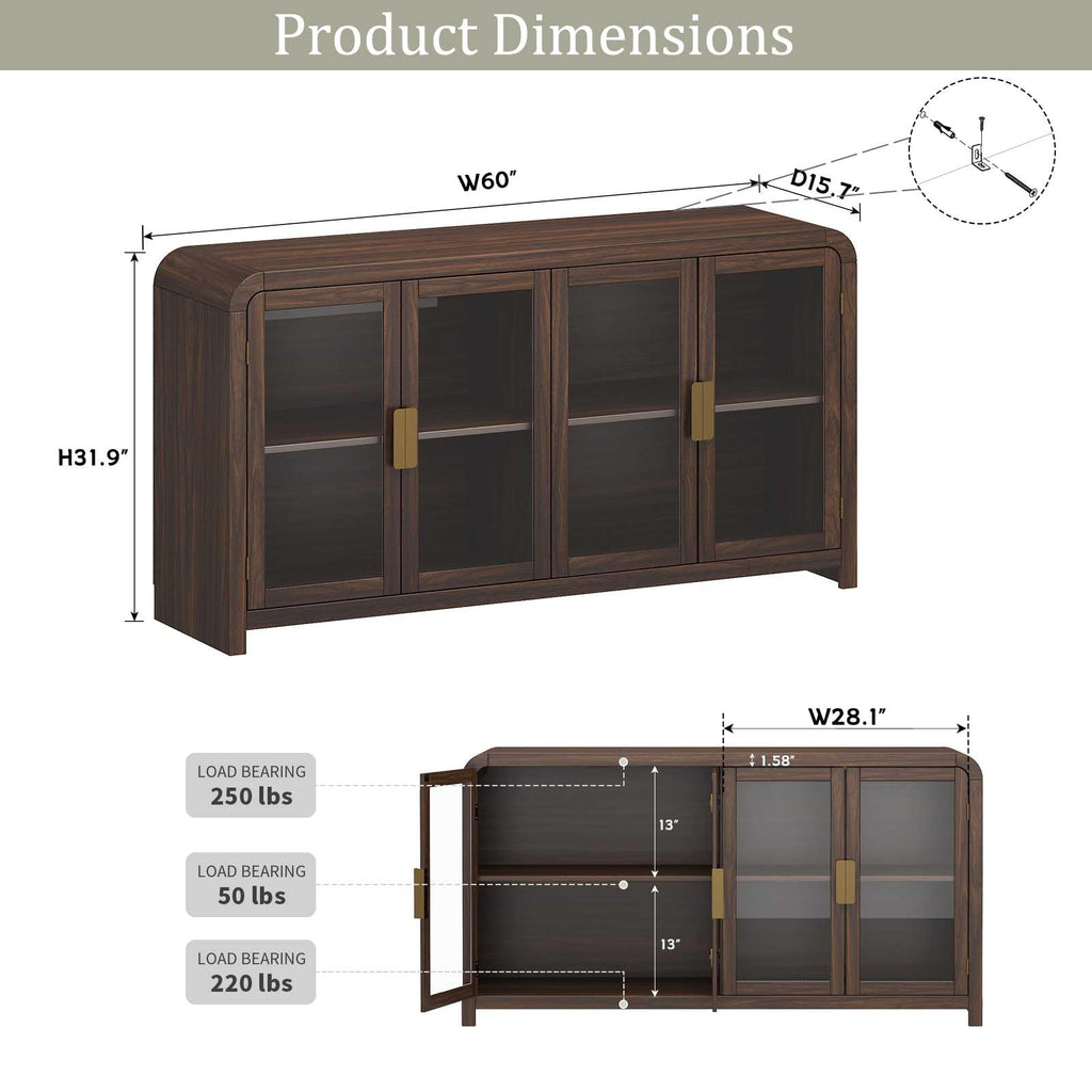 Oak Sideboard Buffet Cabinet, 60'' 4 Glass Door