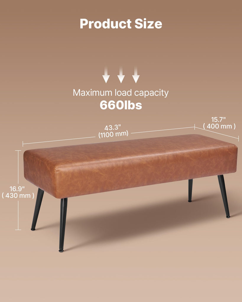 Leather Bedroom Bench, PU Leather Bench with Metal Legs and with Stitching, Upholstered Shoe Bench Seat, Modern End