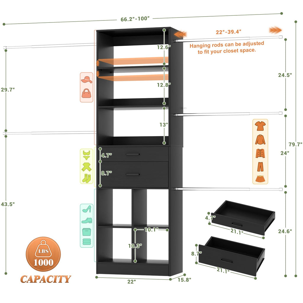 Closet System, 4-8 FT Closet Organizer Tower with 2 Wooden Drawers and Shelves, Can Fit 60 to 96 inch Walk-in Closet