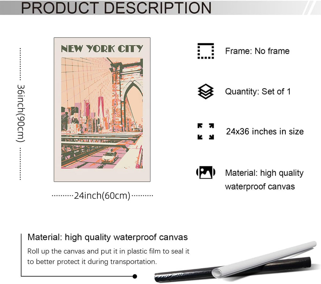 York City Landscape Pink Posters Retro Us Landmarks Scenery Wall Vintage Bridge Canvas Painting Bedroom Wall