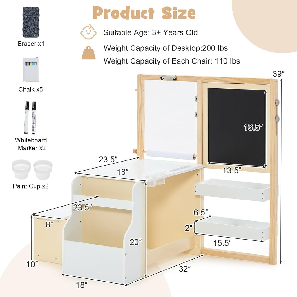 3 in 1 Kids Art Table and Chair Set, Toddler Craft and Play Wood Activity Desk with Double-Sided Easel Blackboard