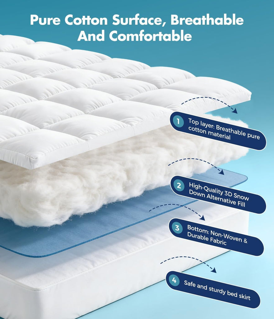 Queen Cotton Mattress Topper, Extra Thick Pillow Top Mattress Pad | 100% Pure Cotton Surface, Cooling Plush Bed
