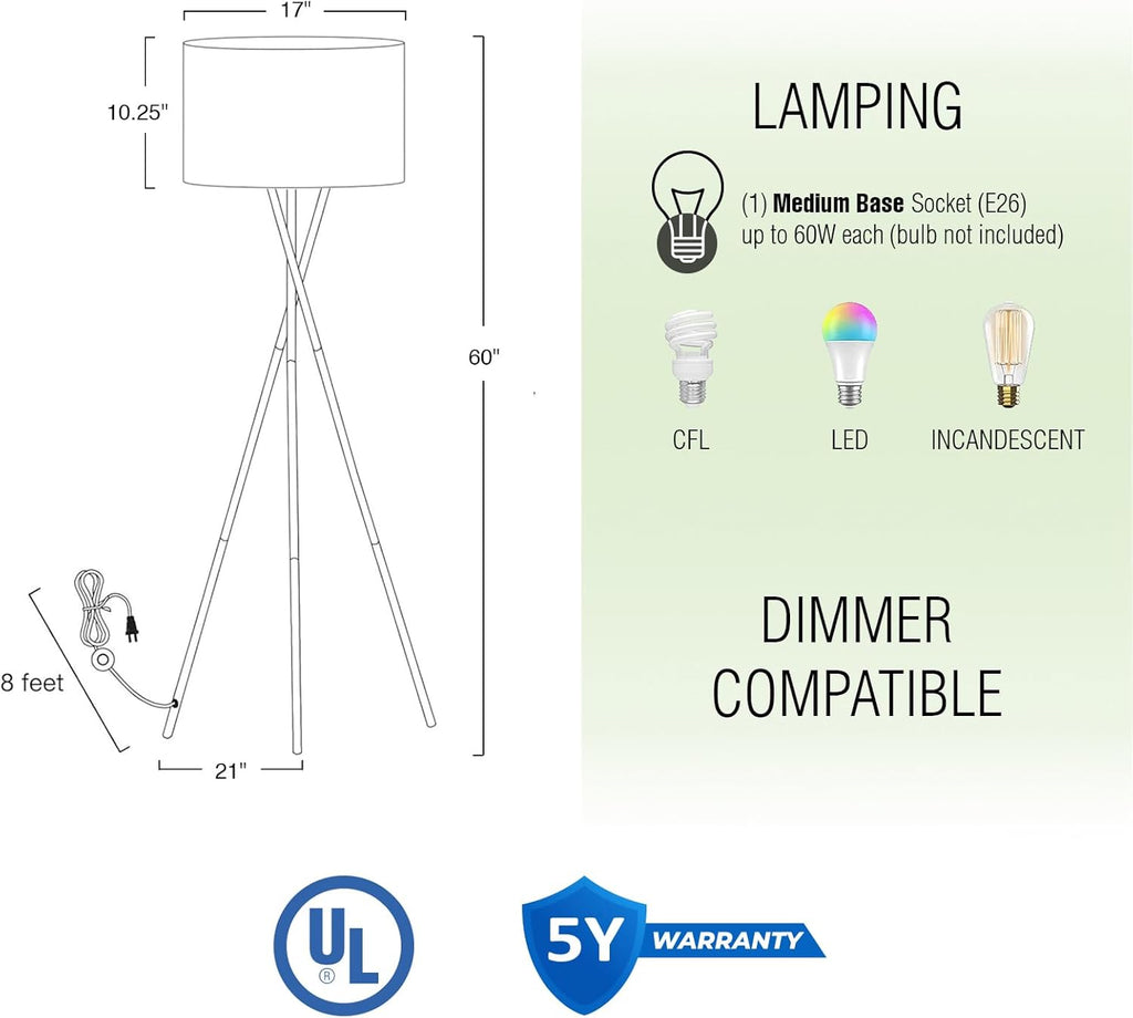 Sadie 60" Modern Tripod Floor Lamp with Honey Beige Linen Drum Shade