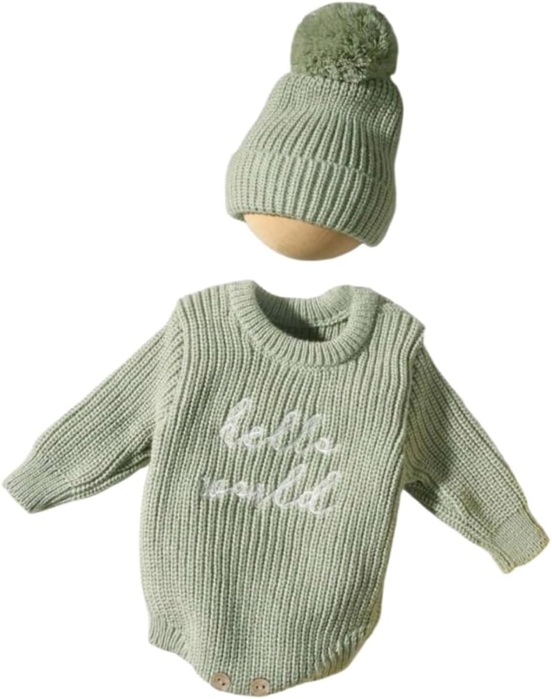 Knit Sweater and Beanie Hat Set, Pom Pom Detail, Long Sleve, Round Neck.