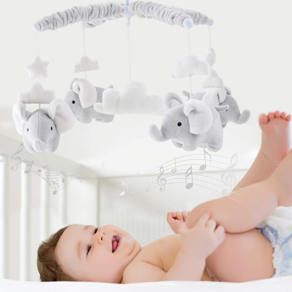 Crib Mobile for Girls or Boys - Soft Grey Musical Baby Crib Mobile with 12 Lullabies, Cute Elephant Baby Grey