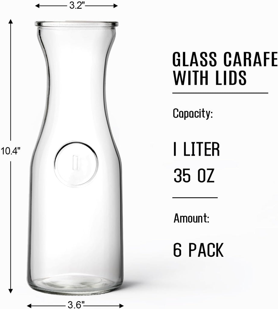 Set of 6 Glass Carafe with Lid, 1 Liter Beverage Serveware Carafe, Clear Glass Pitcher for Mimosa Bar, Brunch, Cold