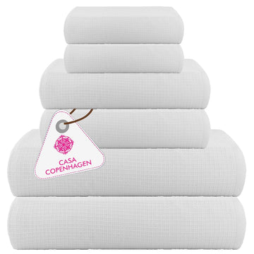 Waffle 6Pcs 100% Egyptian Cotton Large Designer Towels Gift Set- Pure White, 2Bath 2Hand 2Washcloths, Bath Towels