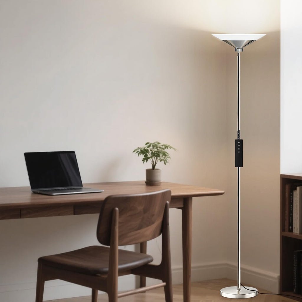 Metallic Silver Torchiere Floor Lamp - 30W Dimmable LED Standing Lamp with Remote/Button Control, 1800Lm