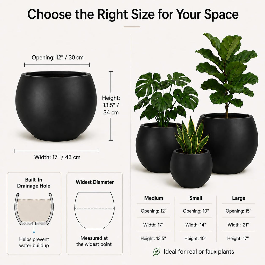 13.5 H x 17" Dia (12" Pot Opening) Black Round Fiberstone Planter with Drainage Hole, Indoor/Outdoor Large Plant Pot
