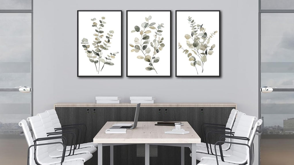 Large Framed Botanical Wall Art - Eucalyptus Leaf Wall Decor Set of 3 Taupe Simple Life Painting Prints