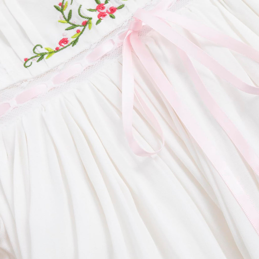 Girl Dress, Embroidered Floral Heirloom, Lace Crew Collar, Puff Sleeve, Cotton Kids Casual Clothing Pink