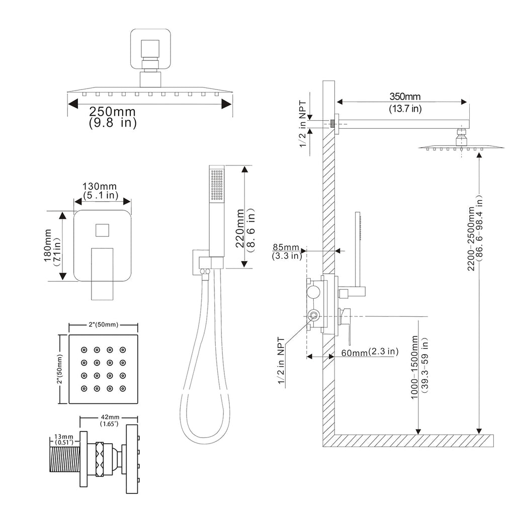 Shower Faucet Set Matte Black 10" shower system with handheld