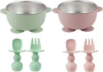 2 Pack Stainless Steel Baby Suction Bowls with Silicone Utensils