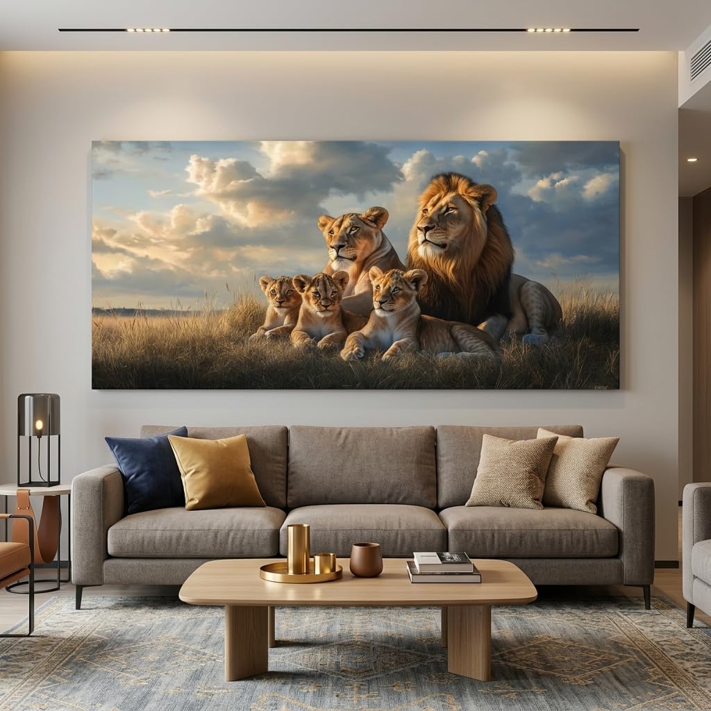 Blue Lion Family Wall Art Modern Canvas Painting Wildlife Landscape Animal Prints Artwork Office Hallway Bedroom