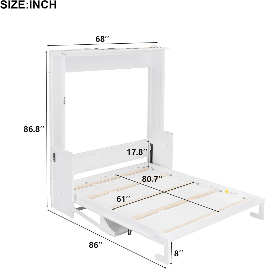Queen Murphy Bed with Desk, Foldable Wall Bed Cabinet with LED Lights and USB Ports, Space-Saving Murphy Bed Frame