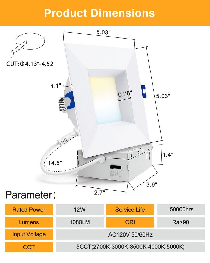 6 Pack 4 Inch Anti-Glare LED Downlight,Dimmable Ceiling Light, Square