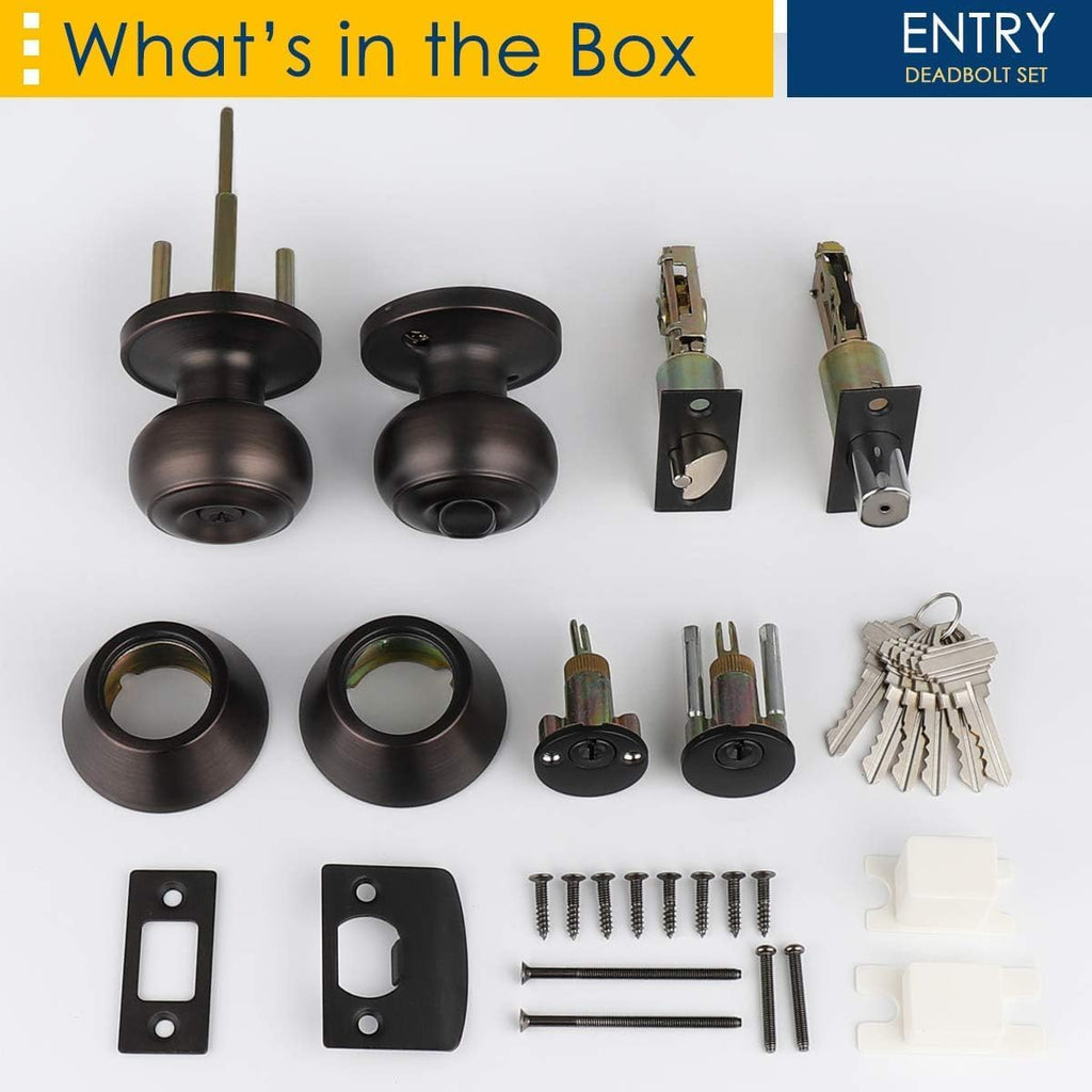 1 Pack Keyed Alike Door Knob with Double Cylinder Deadbolt Lock Set, Oil Rubbed Bronze Door Lock Sets Exterior, Round